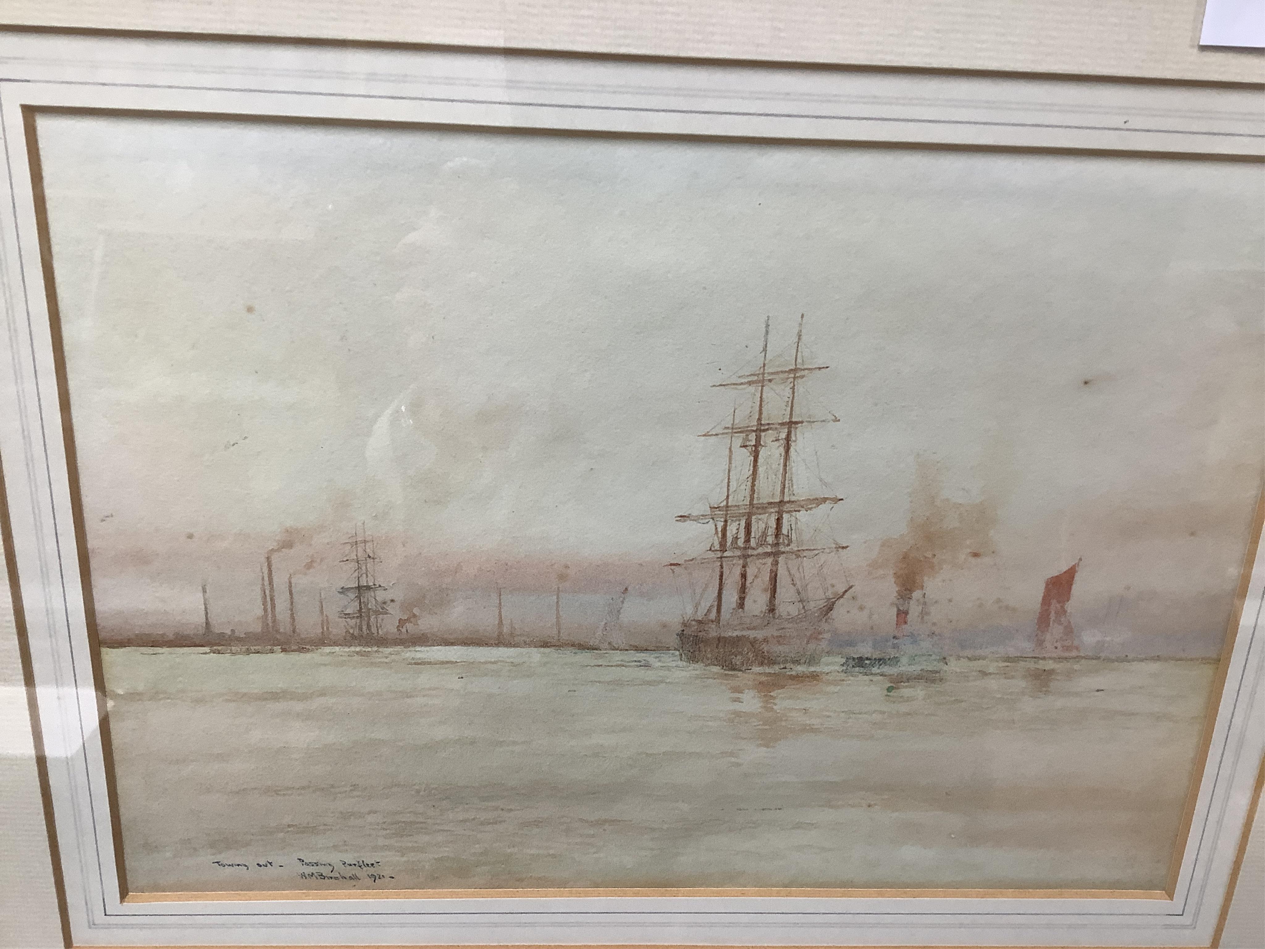 William Minshall Birchall (1884-1941), watercolour, ‘Towing out passing Purfleet, 1921’, signed, inscribed and dated, 17 x 23cm together with Marcel Fiorini (French, 1922-2008), two limited edition etchings with aquatint